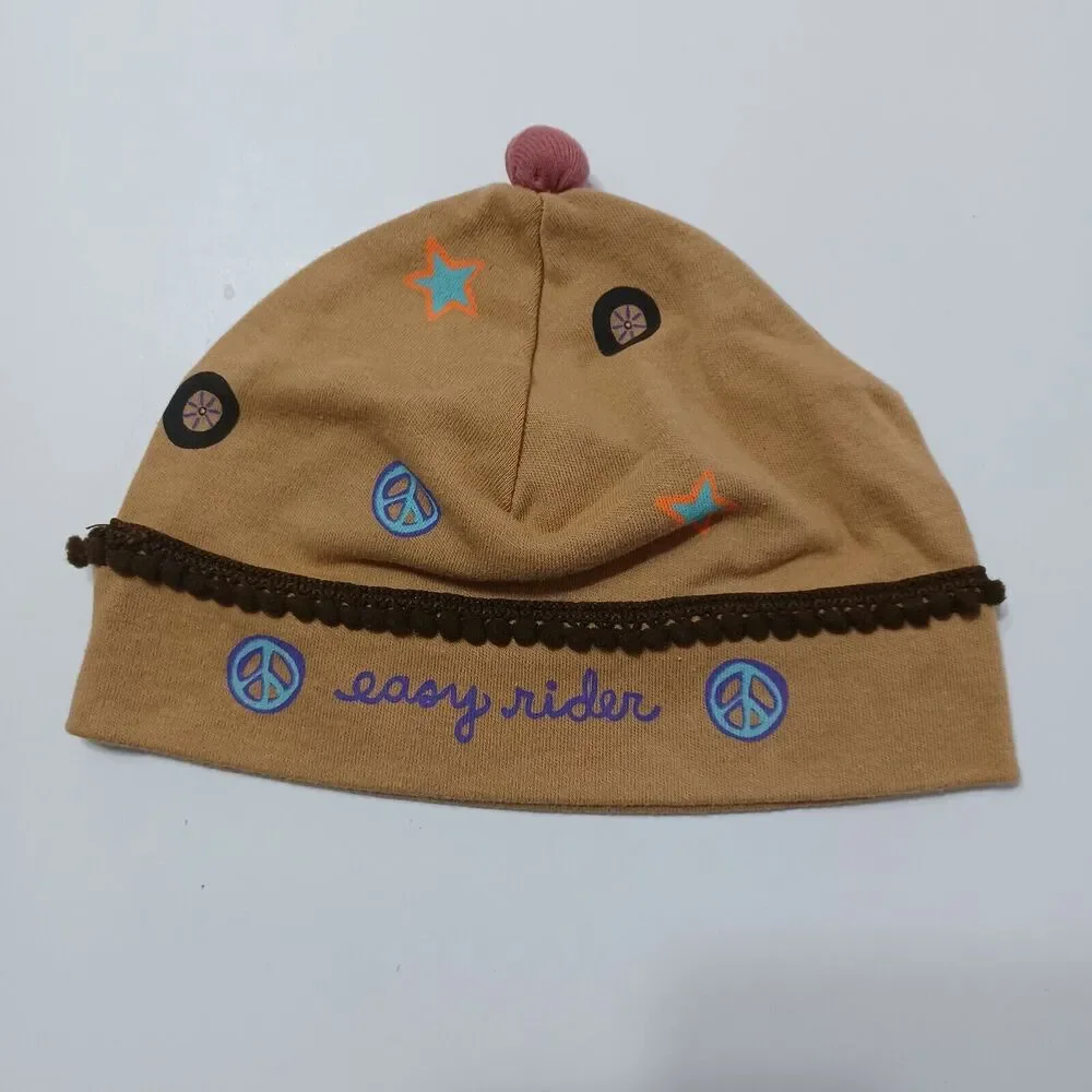 Natural Life Easy Rider Baby Girls Peace Star‎ 100% Cotton Brown Pink Beanie Hat